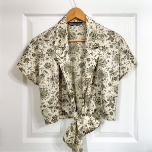 Vintage Silk Satin Tie Front Crop Top Green Floral